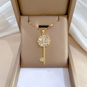 Clover Key Pendant Necklace Stainless Steel Chain Copper Zircon Sparkling Elegant Jewelry Clavicle Chain Gift For Women