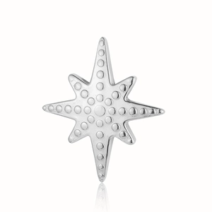 Detail of silver-colored celestial star pendant with embossed dot texture on white background