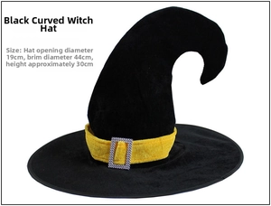 Detailed dimensions of a black witch hat with a yellow belt and silver buckle
