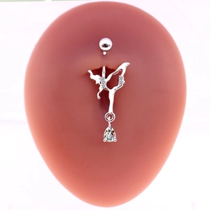 Piercing de nombril argenté avec motif fée papillon et zircone en forme de poire