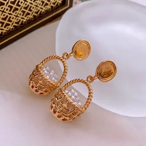 French Vintage Golden Woven Basket Drop Earrings With Artificial Pearl And Silver Earring Post For Women