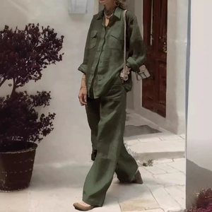 Chic olive green two-piece linen set with long sleeve button shirt and wide leg pants