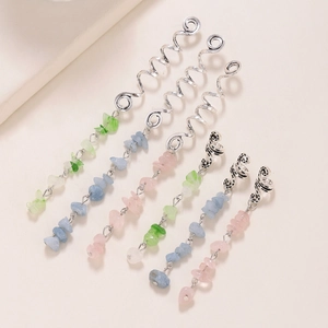 Set of 6 colorful spiral metal hair rings with green, blue, and pink stone charms