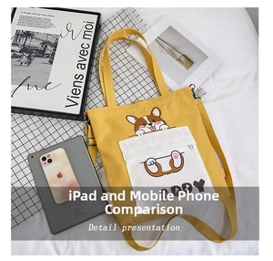 Flat lay of yellow canvas tote showing large capacity with an iPad and cute corgi print