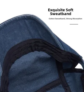 Macro shot of cotton sweatband detail on navy denim newsboy hat with reinforced stitching