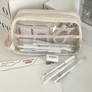 Detail of multi-layer pencil case showing large capacity slots and transparent PVC window