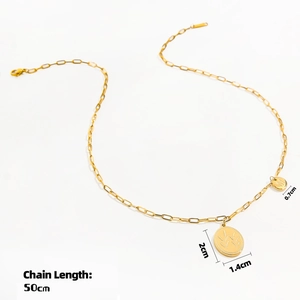Gold necklace with oval relief pendant and M-disk showing 50cm chain length detail