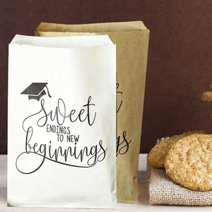 Graduation party gift paper bags with sweet endings text and graduation cap icon