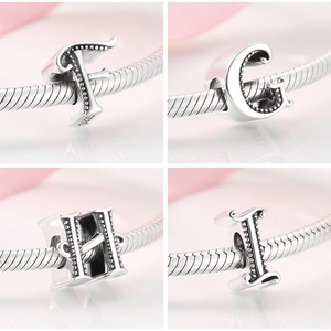 Detailed grid of S925 sterling silver letter charms F, G, H, and I with vintage finish