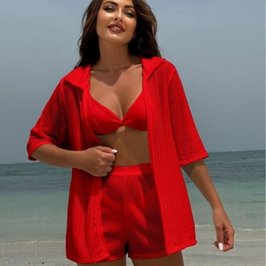 Red crochet bikini set with 3 pieces including cover-up top and high waist shorts