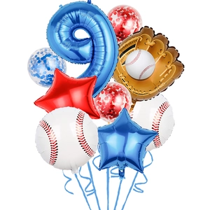 Baseball themed birthday balloon set featuring blue number 9 and glove foil balloons