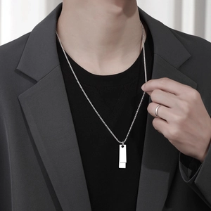 Silver double rectangle pendant necklace for men with box chain and minimalist design