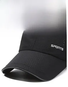 Detail of breathable mesh fabric and white SPORTS embroidery on black baseball cap