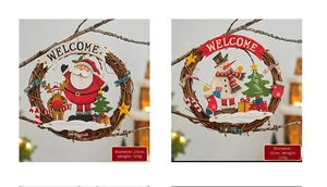 Detail of 25cm Christmas rattan wreath with plush Santa and reindeer holiday ornaments