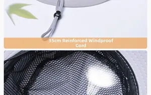 Detail of the 35cm windproof rope and breathable mesh lining on the gray sun hat