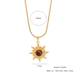 Detail showing dimensions of the gold sun pendant necklace with tiger eye stone and chain