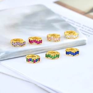 Detail of S925 silver ear cuffs with colorful rectangular zircon stones and S925 stamp