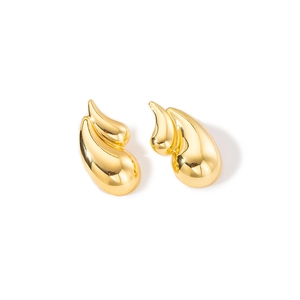 Modern gold teardrop earrings in polished titanium steel with sleek liquid-like metal design