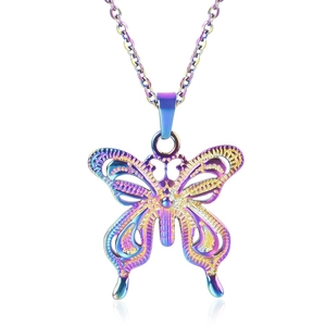 Detailed close-up of rainbow butterfly pendant with 18k gold plating on stainless steel