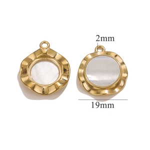 Detailed view of 19mm gold stainless steel sunflower charms with white mother of pearl inlay