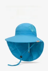 Detail view of sky blue sun hat with wide brim, neck flap, and breathable mesh