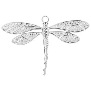 Detailed view of silver dragonfly pendant with intricate hollow wing patterns and metal texture