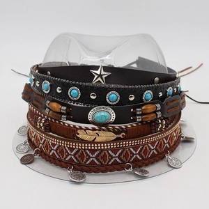 Ethnic style hat bands with PU leather, turquoise beads, and vintage alloy charms