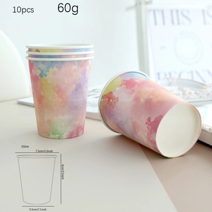 Detailed view of 10-piece watercolor paper cups set with 250ml capacity and gradient design