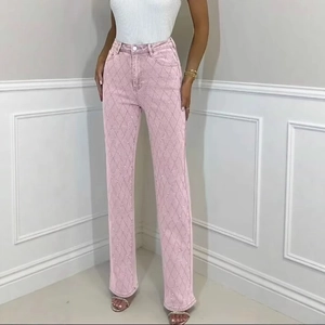 Pantalon Jambe Droite Rose Strass Grille Diamant Style Américain Y2K Taille Moyenne Pantalon Denim Pour Femmes