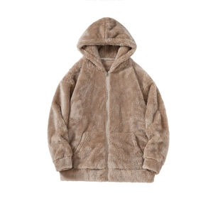 Brown fleece hooded jacket with full zipper and front pockets on white background