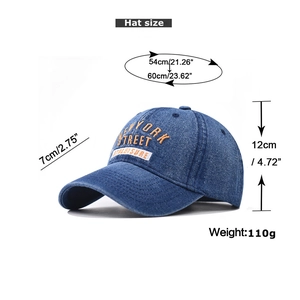 Detailed dimensions of washed denim baseball cap with New York embroidery measurements