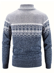 Rückansicht von Herren-Strickjacke in Blau mit Vintage-Geometriemuster und Stehkragen