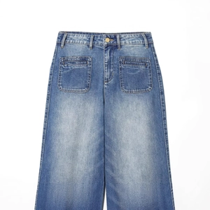Women's high waist wide leg blue denim jeans with retro front flap cargo pockets