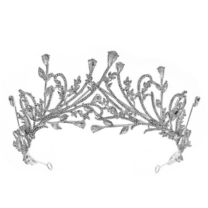 Detail of silver bridal tiara with vine-shaped rhinestones and drop-shaped crystals