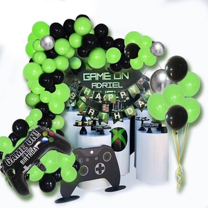 Gamer-themed birthday party decoration set with gamepad balloons and green arch kit