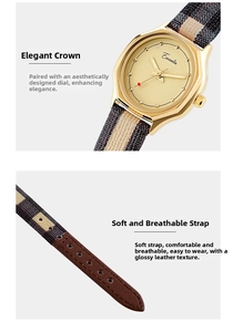 Detail view of the vintage oval gold case and breathable canvas leather strap watch