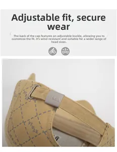 Detail of adjustable metal buckle and checkered pattern on khaki cotton baseball cap