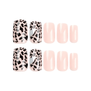 Pink and cow print press-on nail set with a glossy square finish for manicure
