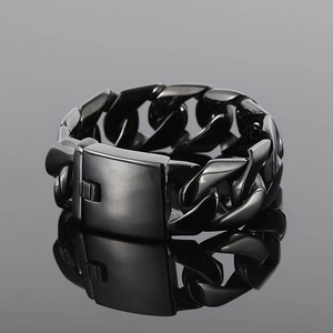 Polished black stainless steel chunky Cuban link bracelet for men with square safety clasp