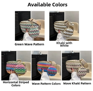 Detail view of woven waist bag set showing five different color patterns and coin purse