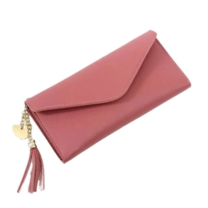 Elegante lange Umschlag-Brieftasche für Damen in Morandi-Rosa mit Quaste und Herz