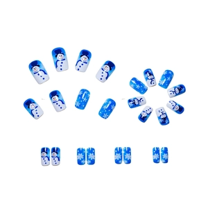 Detailed view of 24 blue and white gradient press-on nails with snowman and snowflake designs