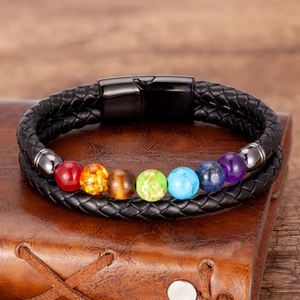 Black braided leather chakra bracelet with seven colorful natural stone beads and magnetic clasp