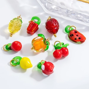 Handmade glass fruit and vegetable pendants with gold metal rings for DIY jewelry