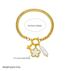 Double-layer gold stainless steel bracelet with pearl, butterfly and clover charms