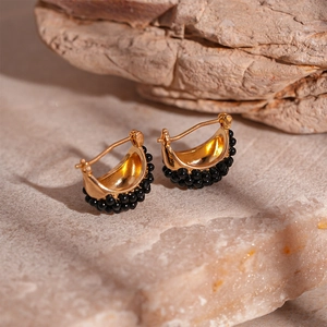 Vintage Dark Geometric C-Shaped Hoop Earrings With Resin Beads Alloy Base And Silver Earring Post For Women
