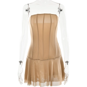 Detailed macro view of beige mesh strapless corset dress with elegant ruffled hemline