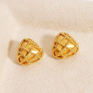 Detail of 18K gold-plated triangular earrings with embossed woven lattice texture