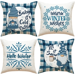 Christmas Pillowcase Linen Blue Plaid Gnome Snowflake Winter Decorative Cushion Cover For Sofa Couch
