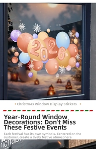 Close-up of 2026 balloon numbers and snowflake window stickers in a cozy snow scene